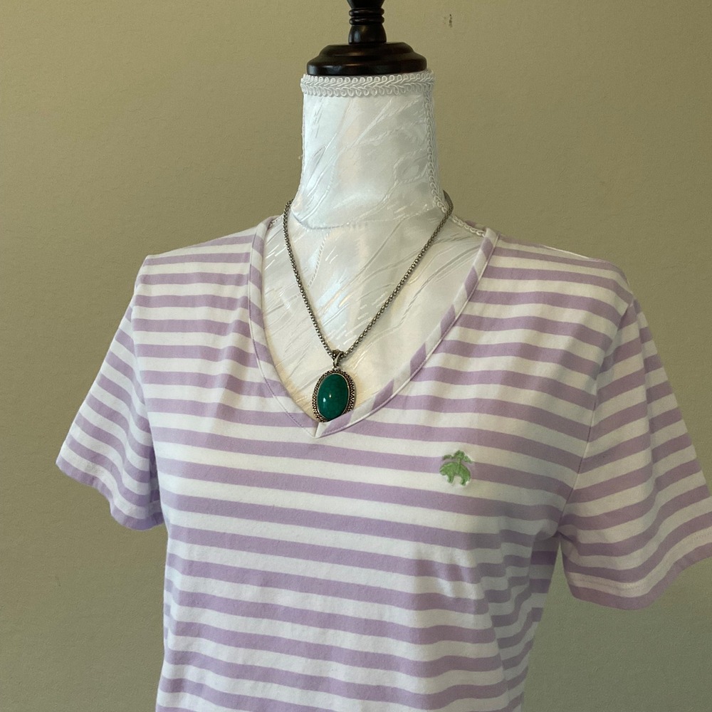 Brooks Brothers Womens V Neck T Shirt White Purple Striped Medium Cotton Tee - Picture 3 of 6